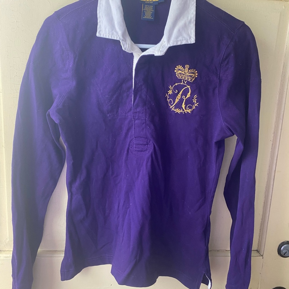 Ralph Lauren Purple and White Button Down Shirt with Embroidered Crest